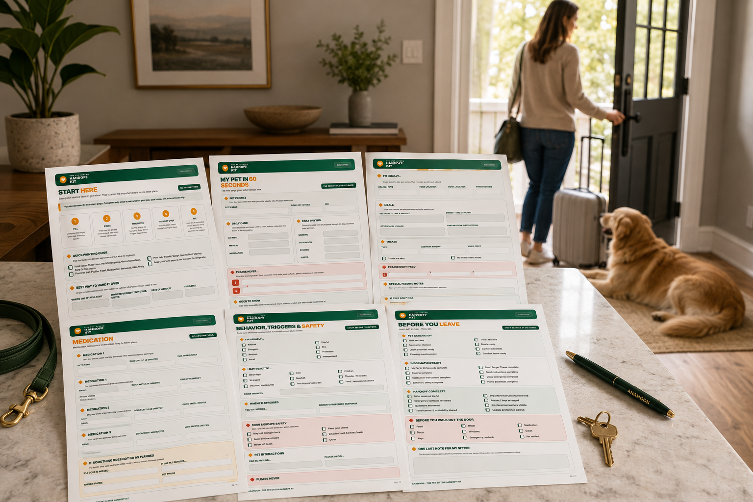 The Pet Sitter Handoff Kit printable pages mockup